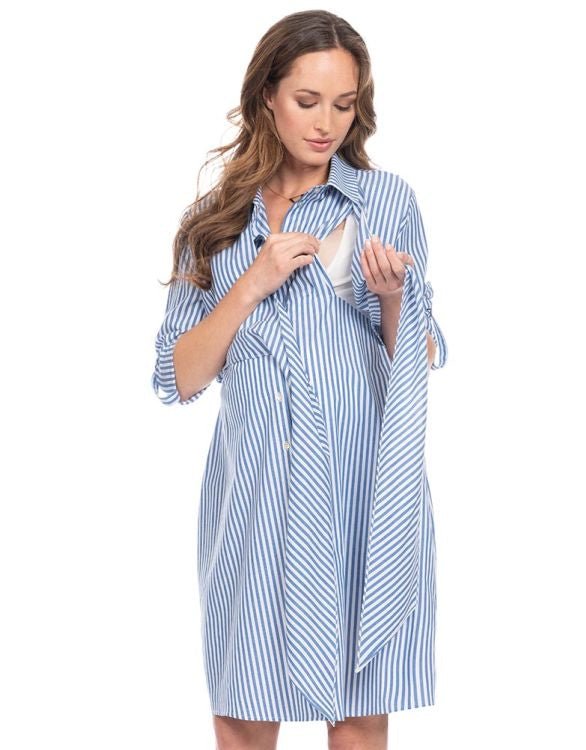 Schwanger. Stillen. Hemdblusenkleid aus Baumwolle, blau/weiß gestreift. LENA - -9•BORROUGHS